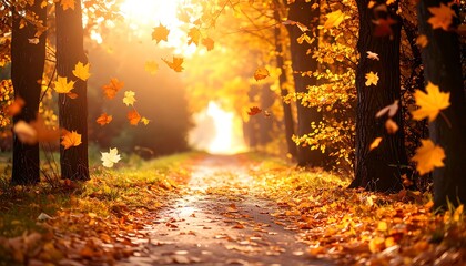 A sun-drenched path in autumn with falling leaves, creating a vibrant golden ambiance, and a sense of tranquility