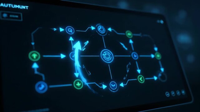Automation dashboard looping animation process flow arrows technology digital interface futuristic control system network data connection blue glowing circular diagram modern electronic display