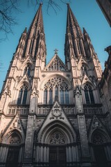 Fototapeta premium Majestic Gothic cathedral spires reach towards a clear blue sky, capturing ancient architectural grandeur.