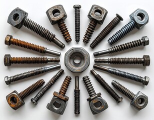 Mechanical Components: A collection of meticulously arranged nuts, bolts, and washers, showcasing the intricate details of mechanical engineering. These essential components suggest industry.