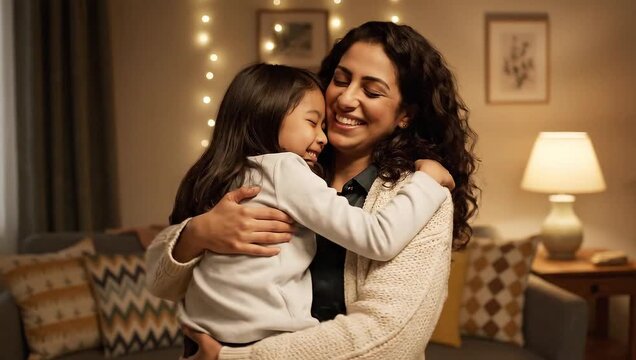 Smiling Arab stepmother lifts and hugs Asian daughter joyfully in cozy home
