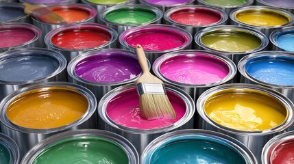 Group of metallic open paint cans, each filled with vivid paint, top-down perspective, paintbrush resting in center, clean and modern 3D illustration