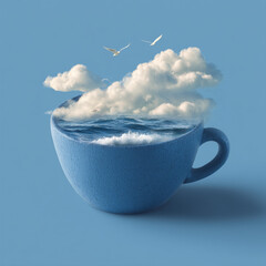 Ocean or sea in cup with clouds and fly birds on a blue background