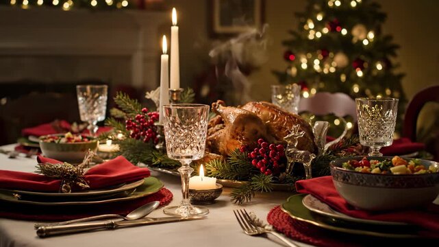 Christmas dinner table featuring roasted turkey, candlelit ambiance, festive decorations, crystal glassware, red napkins, and warm holiday atmosphere creating cozy joyful celebration scene