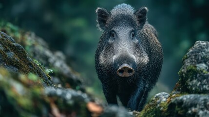 Wild boar stands amid rocky terrain in a misty forest environment during early morning light