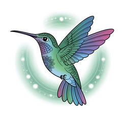 Obraz premium Vibrant hummingbird in mid flight displaying iridescent plumage and delicate wings