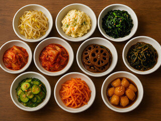 Assorted Korean banchan side dishes served in small bowls on wooden table