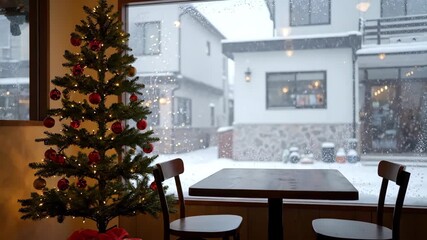 Cozy cafe interior with Christmas tree decorated with red baubles and gold baubles by window showing snowfall and snowy winter scene outside with wooden table and chairs creating warm festive - Powered by Adobe