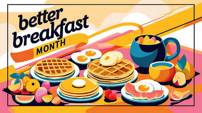 A colorful Better Breakfast Month package featuring stacks of pancakes, fruit, and a teapot, with bold typography, 4k HD