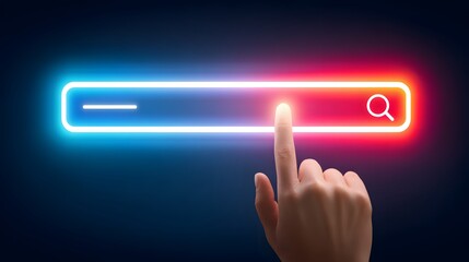 Hand Touching Neon Glowing Search Bar Interface On Virtual Screen Technology Concept
