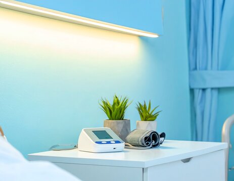 Digital thermometer and blood pressure monitor on bedside table