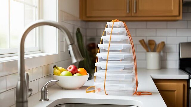 Bright, modern kitchen scene with stacked food containers and fruit bowl by the sink