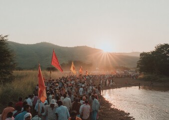 Authentic Ganesh Chaturthi Visarjan Procession at River Premium Festival Celebration with Ashtavinayak Flags and Modak Offerings for Family Marketing