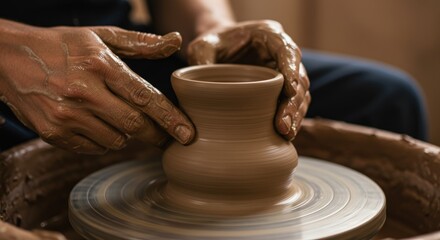 Potters Hands Shaping Clay Vase on Wheel.