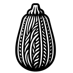 A black and white illustration of a gourd with decorative vertical lines and leaf like patterns inside
