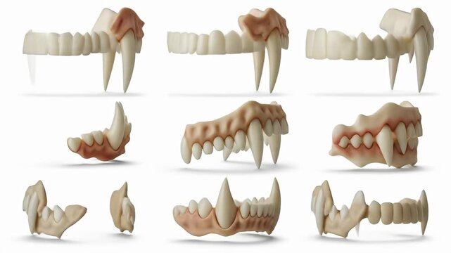 Nine images of false teeth with extended fangs against a white background, Halloween