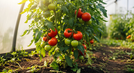 Fresh red tomatoes growing on green vines inside garden greenhouse showing organic farming and healthy natural vegetable agriculture