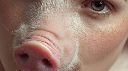 Close-up of human and pig features blending in a surreal expression of connection and curiosity in a creative art piece