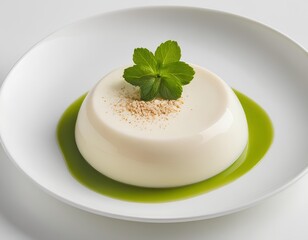 Creamy Panna Cotta with Matcha Sauce and Fresh Mint Leaf