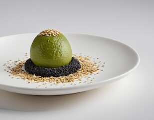 Matcha Dessert Sphere with Black Sesame Crumble and Toasted Seeds
