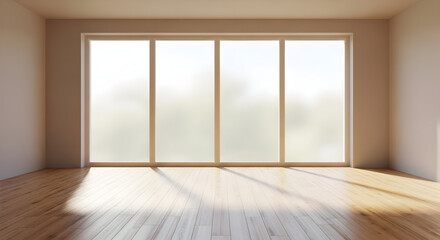 Fototapeta premium Empty modern architecture interior with large glass windows and wooden floor sunlight brightening spacious minimalist room design inspiration