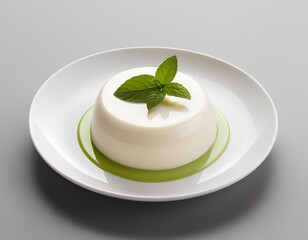 Creamy Panna Cotta with Matcha Sauce and Fresh Mint Leaf