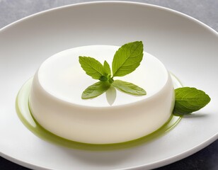 Creamy Panna Cotta with Matcha Sauce and Fresh Mint Leaf