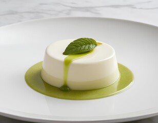 Creamy Panna Cotta with Matcha Sauce and Fresh Mint Leaf