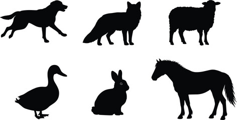 Farm animal silhouettes vector, dog, fox, sheep, duck, rabbit, horse, black and white illustration, domestic animals, nature, rural life