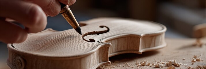 Crafting a Fine Violin Body by Hand in a Workshop, Showcasing Intricate Details and Artisanal Skill in Woodwork During Afternoon Light