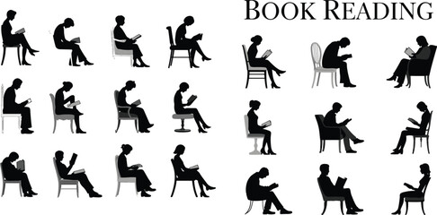Silhouette people reading books, sitting on chairs, black and white vector, education, relaxation, leisure activity, book lovers, library concept