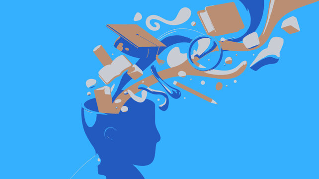 Abstract illustration of a silhouette of a human head with educational elements exploding outwards symbolizing knowledge and learning