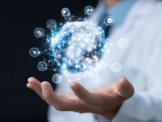 High-Quality Digital Network Sphere with Interconnected Technology Icons in Professional Cleanroom Lab Inspiring Business Workflow for Marketing Content