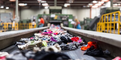 Professional Industrial Textile Recycling Conveyor Belt with Sorted Fabric Pieces Modern Circular Fashion for Sustainable Supply Chain Marketing