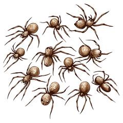 spiders, insect, halloween, festival, vector, transparent background, animal, arachnid, nature, cobweb, danger, spiderweb, scary, horror, creepy, pattern, predator, Spider Set, A bunch of spiders
