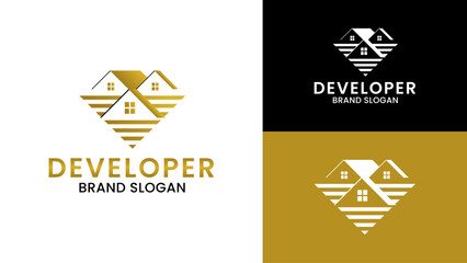 Modern Real Estate Logo Design with House, Window, Land Elements. Abstract Real Estate Logo Icon Design for Agency.