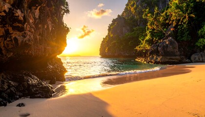 Sunset over cove with beach