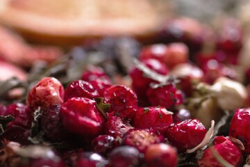 Aromatic Dried Fruit and Herbal Tea Blend Close-up of Natural Ingredients and Vibrant Colors.