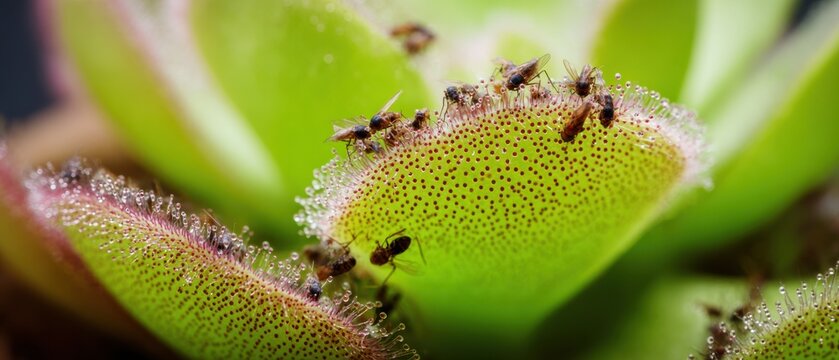 Professional Close-Up of Carnivorous Pinguicula Plant with Trapped Flies Authentic Natural Pest Control for Scientific Education and Eco-Friendly Marketing