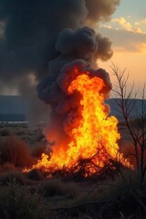 Intense Wildfire Engulfing Dry Brushwood in a Dramatic Rural Landscape Fiery Orange and Red Flames, Smoke, Powerful Background Image