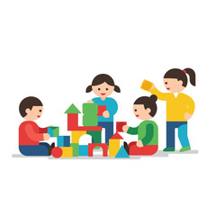 Cheerful children building blocks together in a bright, colorful setting, ideal for educational materials, children's books, or promotional content for early learning centers.