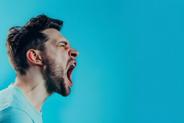 Side view, profile photo of a man shouting with his mouth wide open, isolated on a blue background. Concept with copy space.