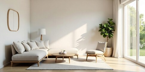 Serene minimalist living room, featuring a neutral color palette, natural light, and simple, functional furniture Clean lines and uncluttered space create a peaceful atmosphere , decor, scandi, space