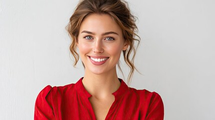 Confident smile from red blouse woman concept. A cheerful woman in a red top smiling against a neutral background.