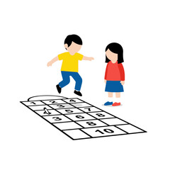 Children's hopscotch game illustration showcasing childhood fun and outdoor activity. Ideal for educational resources, playground designs, or children's activity guides.