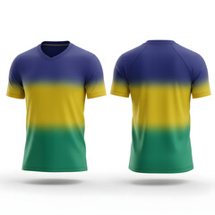 Front and back view of a t-shirt with a blue, yellow, and green gradient.