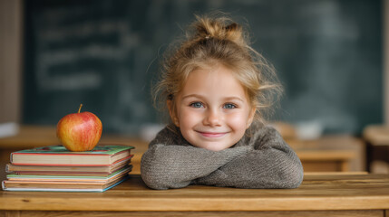 Young girl with joyful expression leans on desk with books and apple in classroom setting
