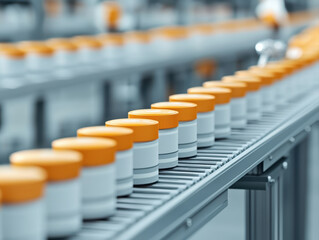 Fototapeta premium Pharmaceutical bottles with orange caps moving on conveyor belt in factory, showing automated production and packaging process
