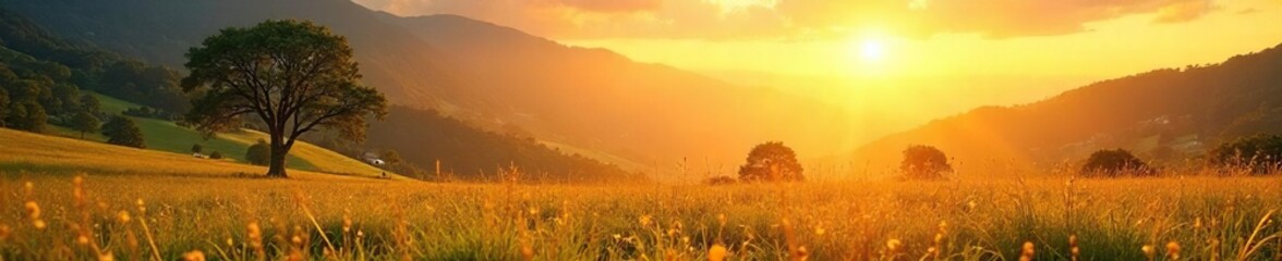 Golden sunlight bathes a landscape in warm, vibrant hues Perfect for summer, vacation, or nature themes Showcases the beauty of a bright, cloudless day , happiness, day, tranquility