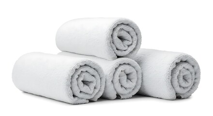 Stack of Rolled White Terrycloth Towels on White Background, Cleanliness Concept